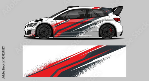 Side profile of a white racing car with bold red and blue graphic stripes and spoiler on a gray background.