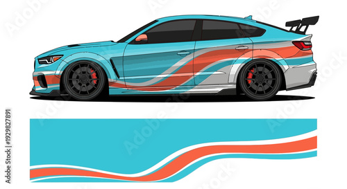 Stylized blue race car with orange white stripes and sleek decals.
