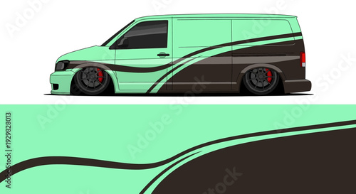 Stylized green van illustration with sweeping design elements and bold color blocks.