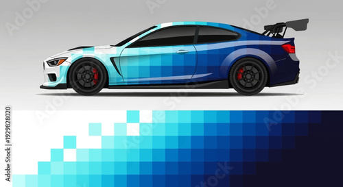 Blue racing sportscar with aerodynamic design and pixelated gradient backdrop.