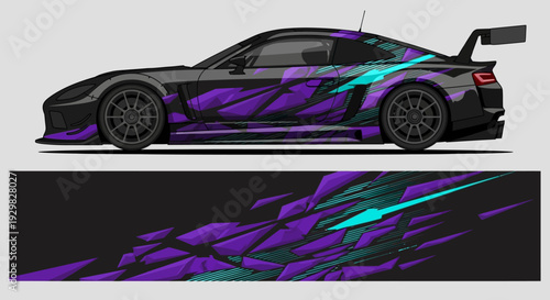 Side profile of a sleek purple racing car with dynamic blue and pink graphics.
