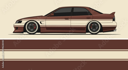 Stylized vintage car illustration featuring a lowrider design with striped paint and sleek profile.