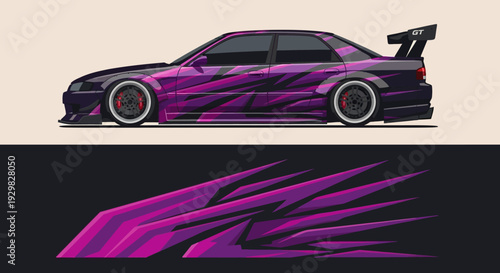 Vibrant purple racing car with magenta graphics and large rear wing, futuristic sport vehicle design.