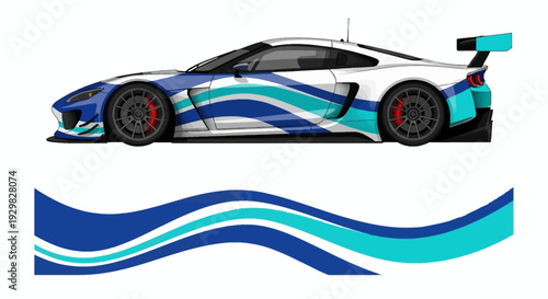 Stylized race car graphic with blue wave accents and aerodynamic design.