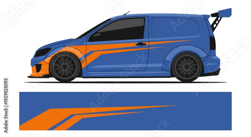 Blue and orange race car with sleek aerodynamic design and decals.