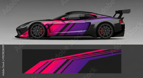 Sleek neon striped sports car side profile with bold magenta and purple accents and aerodynamic styling.