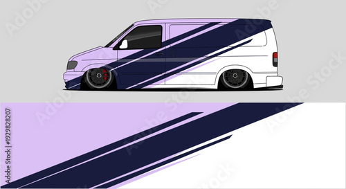 Stylized white van with bold purple stripes and geometric design on light background.