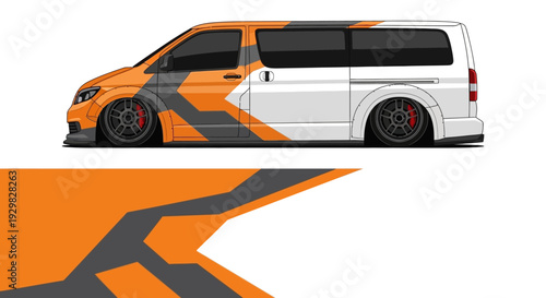 Orange and white bus with bold geometric graphic design, reflective accents, and modern livery from a side profile.