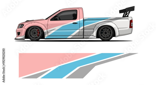 Colorful graphic truck with pink, blue, and white stripes featuring modern decal artwork and stylized racing motifs.
