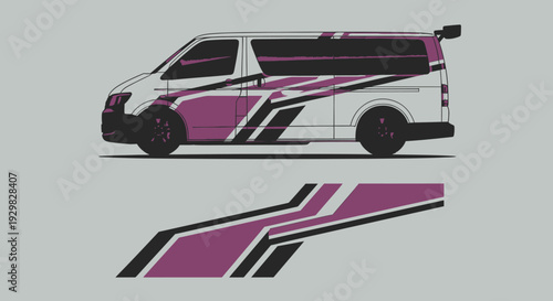 Stylized purple van with bold geometric stripes and modern graphic design on a light background.