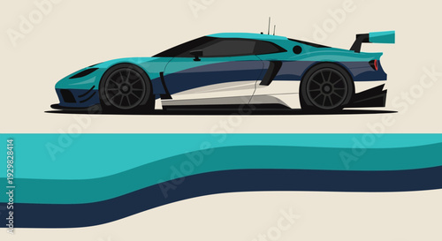 Stylized teal and blue sports car illustration with flowing wave background and dynamic curves.