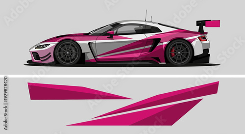 Vibrant pink race car side profile with graphic decals and aerodynamic design.