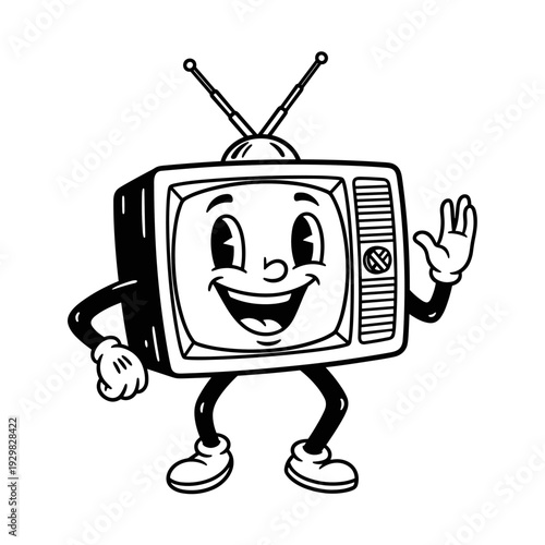 Retro Television Character Waving Hello Friendly Cartoon.