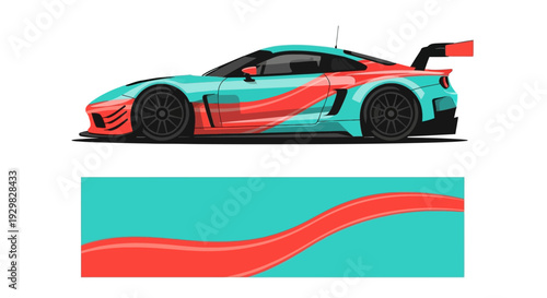 Bright teal and coral sports car graphic with flowing ribbon on turquoise background.