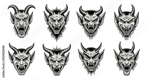 Collection of Eight Demonic Creature Heads with Horns and Fangs.