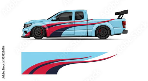 Dynamic blue and red sports car with sleek lines and motion streaks.