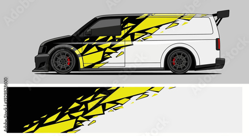 Stylized yellow and black race graphic van with angular decals.