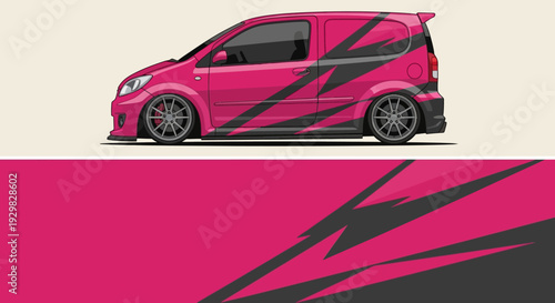 Vibrant pink compact car with bold diagonal graphic stripes on light beige background.