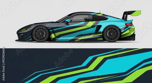 High Velocity Sports Car with Bright Blue and Green Stripes on a Track.