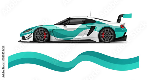 Stylized teal and white race car with flowing wave patterns on abstract background.