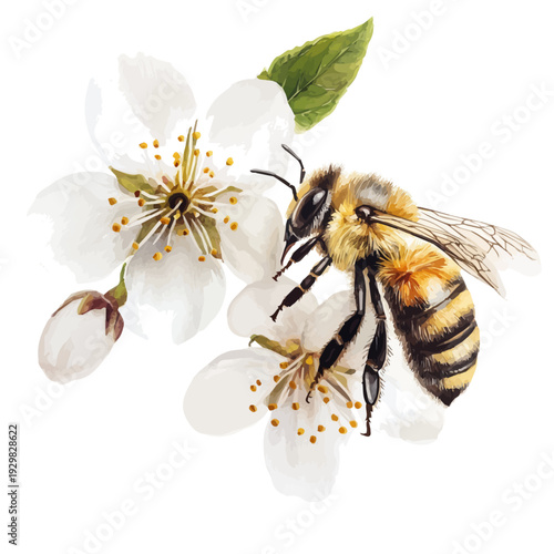 Bees Flying Spring Blossoms, watercolor painting vector, isolated on a white background.