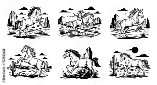 Set of Six Horse Illustrations in Western Landscape.