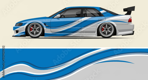 Blue sports car with racing stripes and flowing wave graphics on a stylized vehicle design.