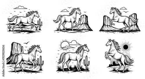 Set of six detailed line art illustrations of horses in various poses and desert landscapes.