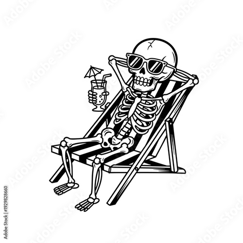 Skeleton Relaxing on Beach Chair with Cocktail.