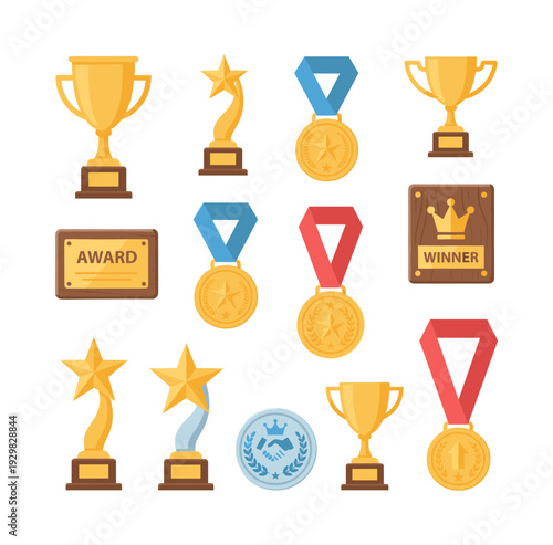Various awards, including gold cups, star trophies, plaques, and medals, symbolizing victory, success, and competition rewards