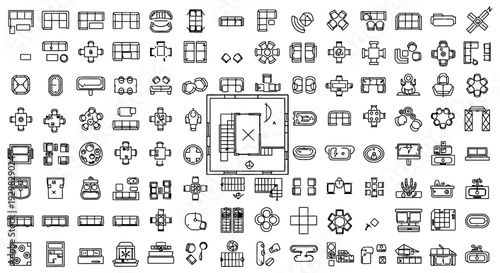 black and white line icons of various business and technology concepts