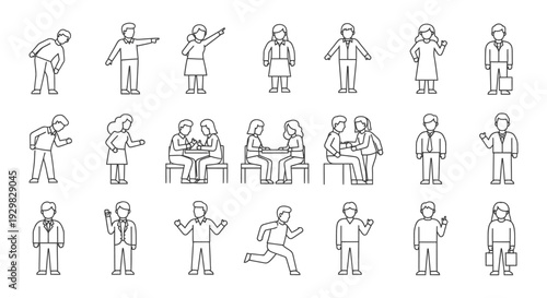 people performing various actions and gestures in a line style