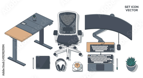 office workspace setup with computer desk chair and accessories