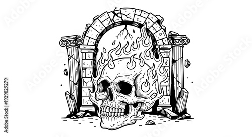 Skull with Flames Archway Ancient Ruins Illustration.