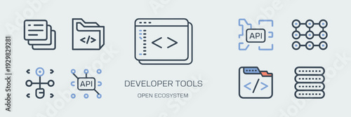 Technical developer tools icon collection – Suitable for IT professional presentations, software manuals, or tech branding.