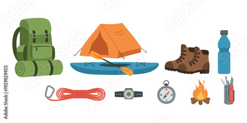 Essential gear for outdoor activities, including camping, hiking, and kayaking, with items for survival and exploration