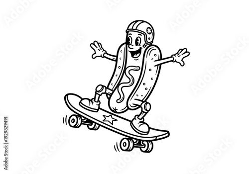 Cartoon hot dog character riding a skateboard with helmet.