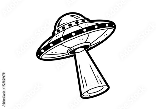 Retro UFO Flying Saucer with Beam Illustration.