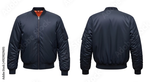 Navy Bomber Jacket Mockup Front and Back View Lifestyle Apparel