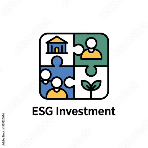 A graphic illustration representing ESG investment with puzzle pieces and icons on a white background