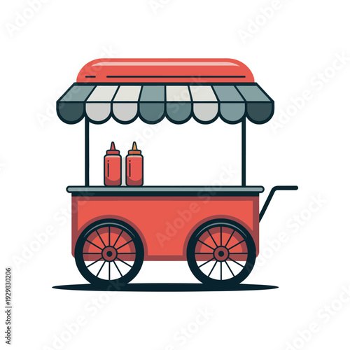 A vibrant red food cart with a striped awning and two condiment bottles on top