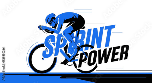 Cyclist in Sprinting Position with Power Text, Intense Effort, Dynamic Graphic, Vector Illustration