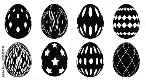 A collection of eight spherical designs each featuring unique patterns and a striking black silhouette high quality professional detailed