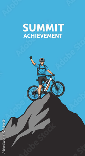 Cyclist Reaches Mountain Peak, Achieving Summit Success and Personal Triumph against Blue Backdrop