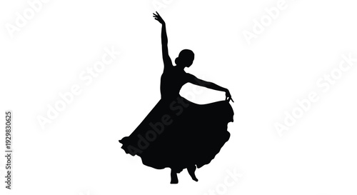 A graceful dancer is captured in a dynamic pose her flowing dress accentuating the movement presented as a silhouette