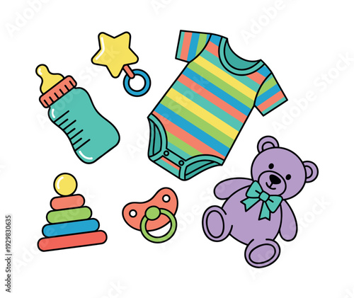 Collection of baby care items and toys for newborns and infants including a striped romper, rattle, bottle, pacifier, and teddy