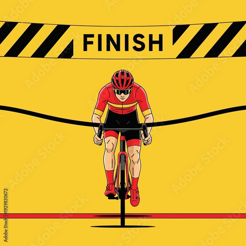 Cyclist Reaching Finish Line Depicted with Energetic Vigor and Bold, Dynamic Illustration Style