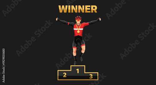 Cyclist Reaching Victory, Celebratory Moment on Podium, Golden Medal Triumph Over Black Background