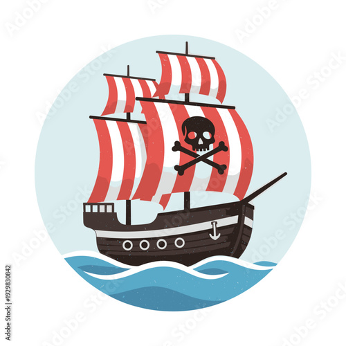 Pirate ship with red and white striped sails, skull and crossbones symbol, and anchor on its hull, navigating blue sea