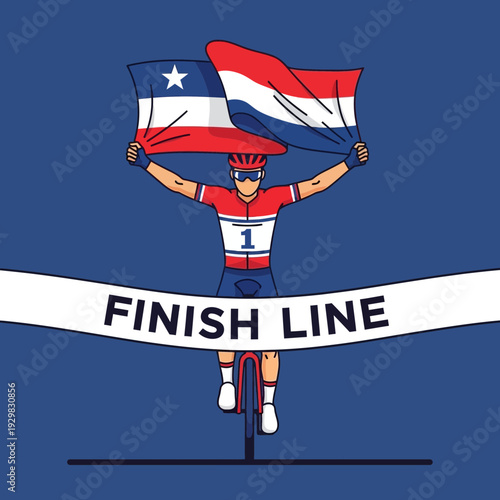 Cyclist Triumphantly Crossing the Finish Line with Flags High, Celebrating Victory and Success